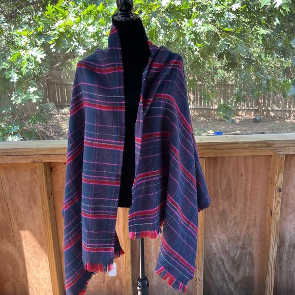 LOFT Women's Blue And Red Plaid Rectangular Blanket Scarf OS. NEW - Picture 2 of 7